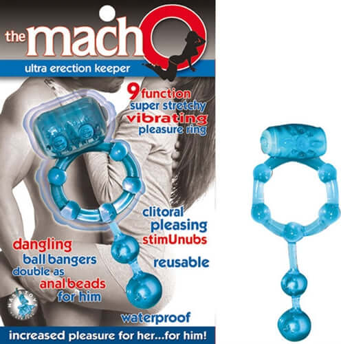 Blue stretchy vibrating cock ring with clitoral stimu-nubs and dangling anal bead feature, featuring 9 speeds for enhanced pleasure.
