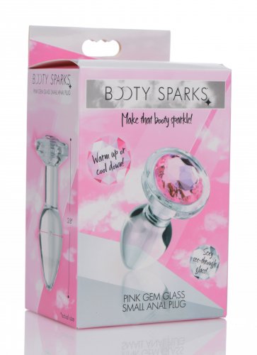 Booty Sparks Pink Gem Glass Anal Plug in packaging with pink gemstone, featuring a smooth glass design for elegant anal play.
