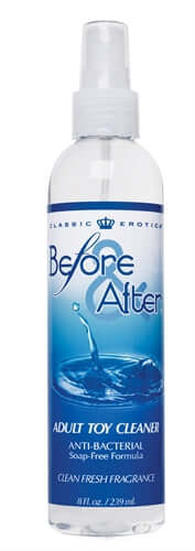 Before After Toy Cleaner 8 Oz bottle featuring antibacterial and soap-free formula for intimate product care.