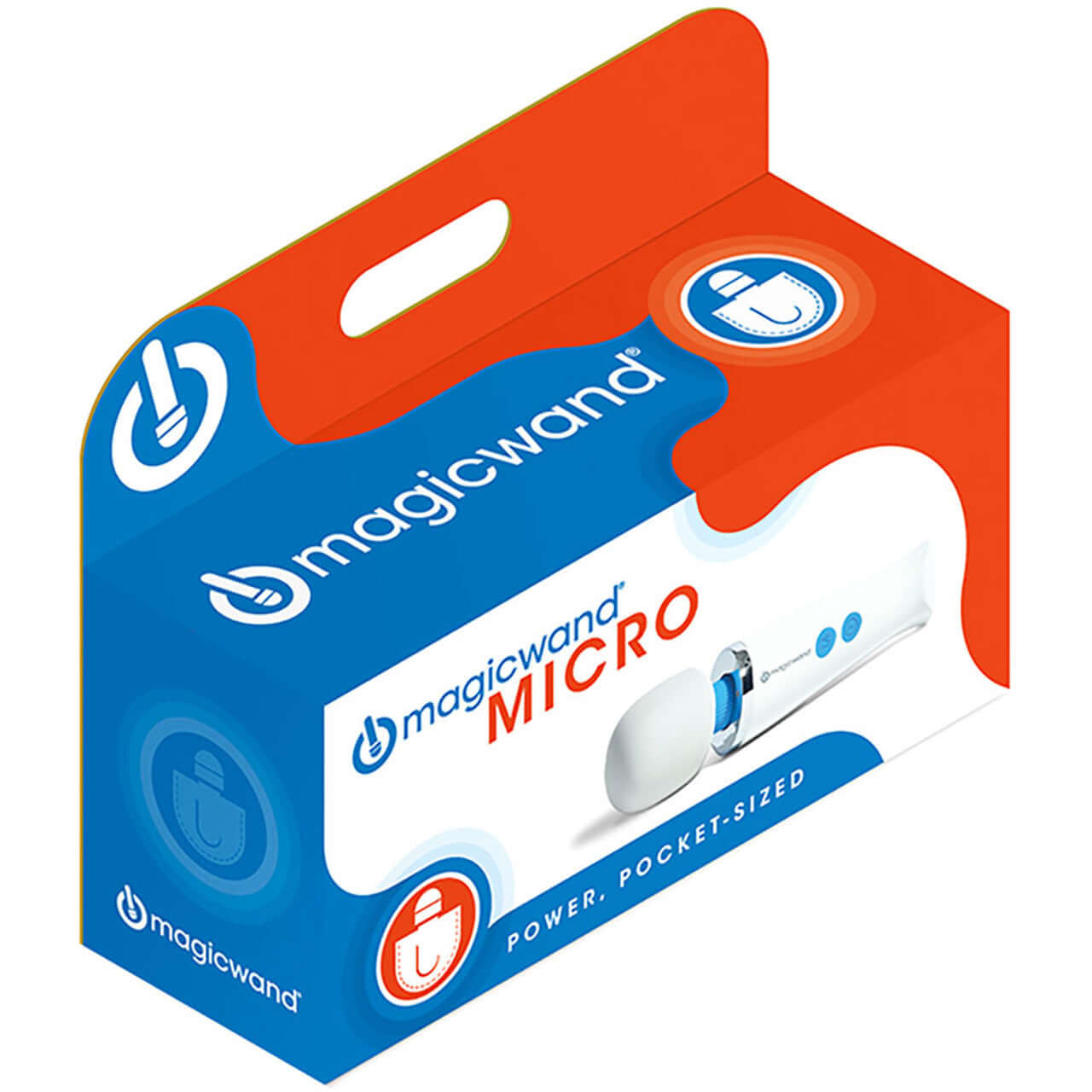 Magic Wand Micro HV-60 Massager packaging showcasing its power and pocket-sized design.