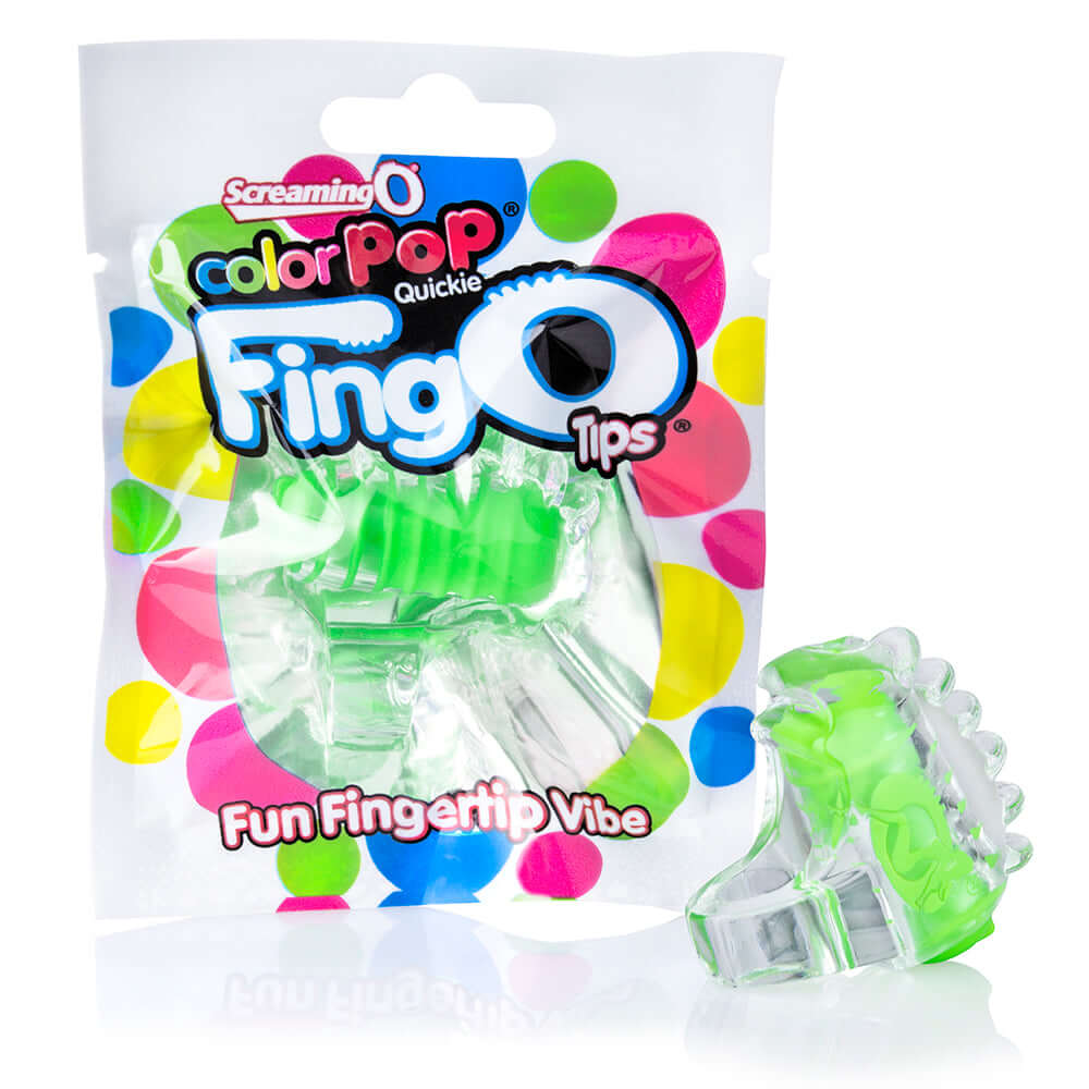 Screaming O ColorPop FingO Tips Finger Vibe Green in packaging with vibrant colors for added fun.