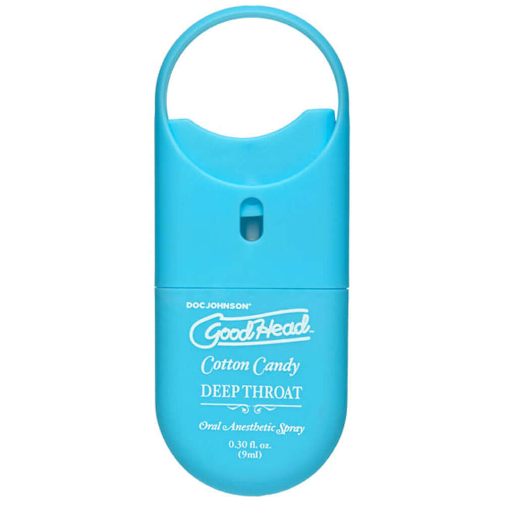 Goodhead Deep Throat Spray to-Go Cotton Candy 0.30 Oz in a blue container, designed for throat desensitization during intimate moments.