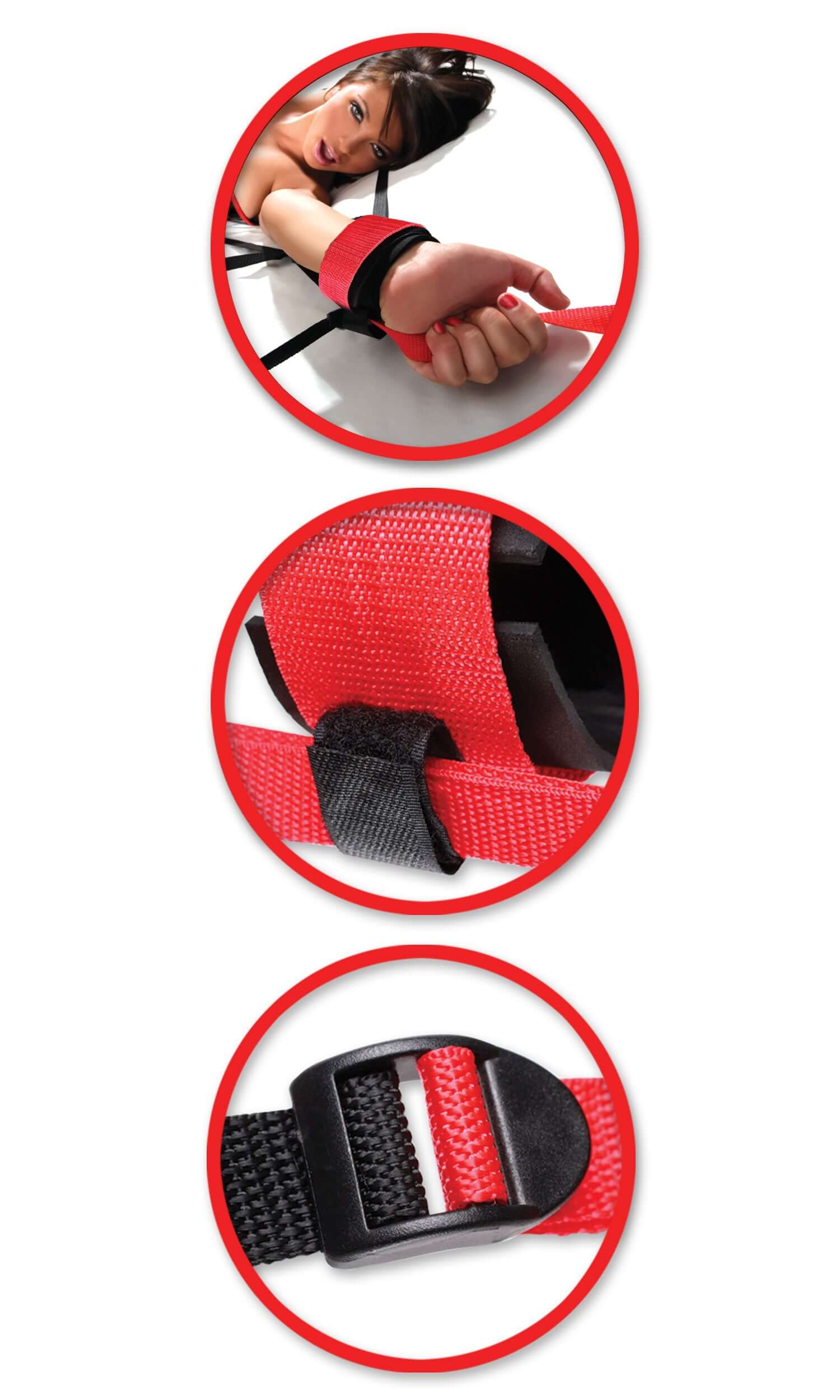 Fetish Fantasy Series adjustable bed restraint system with neoprene straps and webbing for bondage play.