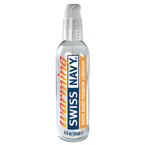 Swiss Navy Warming Lubricant 4 Oz bottle with pump dispenser and water-based formula.