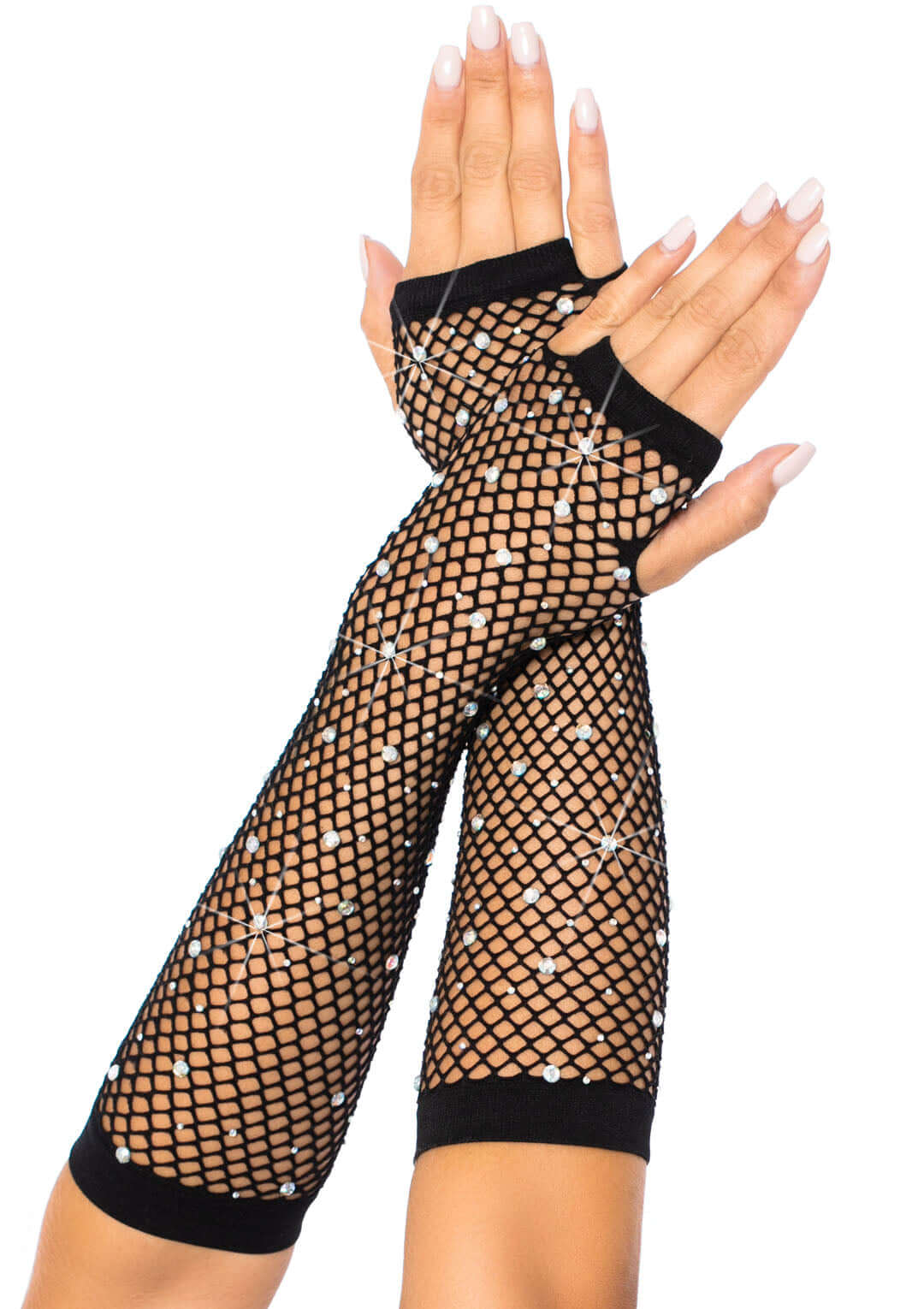 Rhinestone Fishnet Arm Warmers Black-0