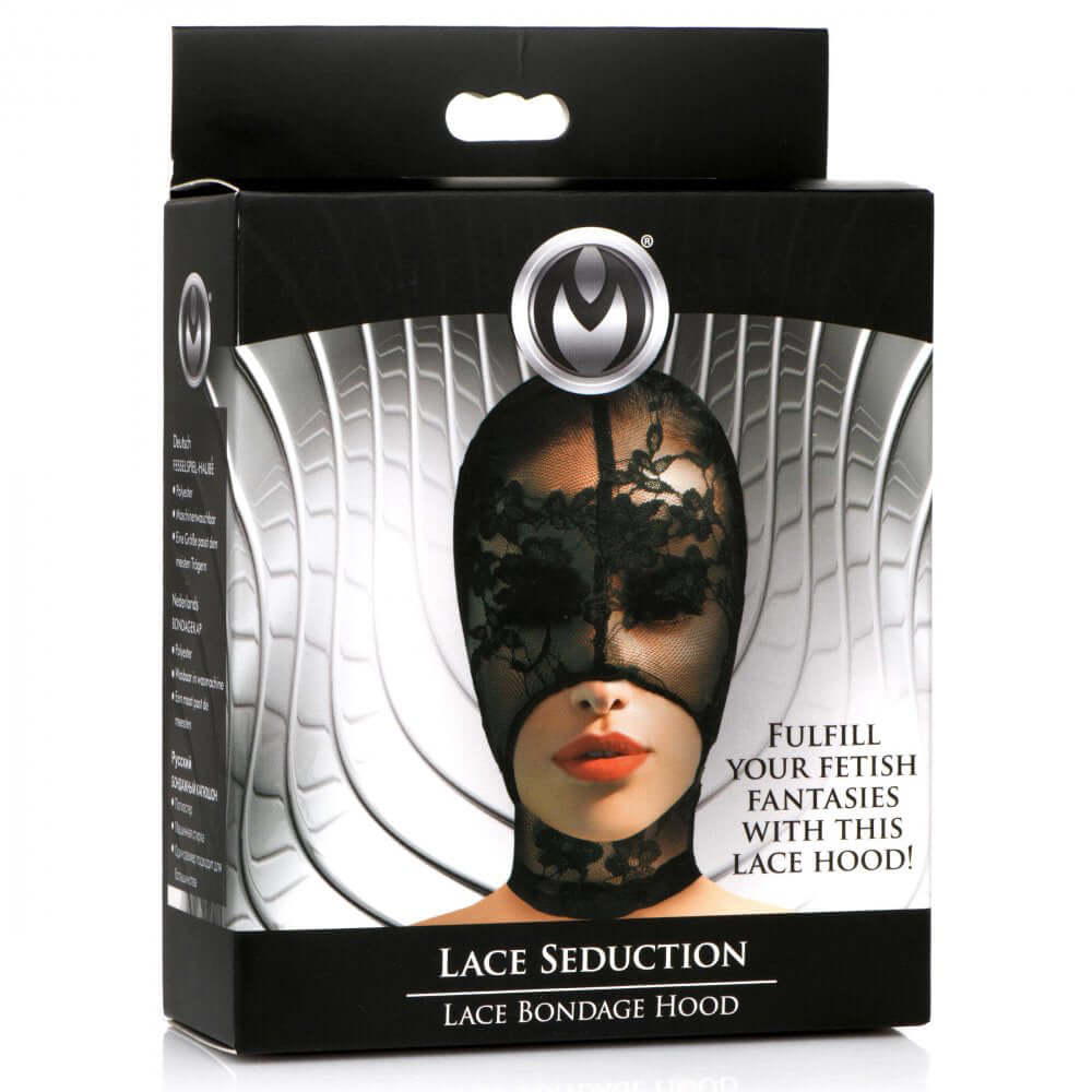 Lace Seduction Lace Bondage Hood Black packaging showcasing a mysterious lace hood for sensory play and roleplay.
