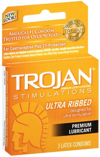 Trojan Stimulations Ultra Ribbed Lubricated Condoms 3 Pack packaging showcasing premium lubricant and stimulation features.