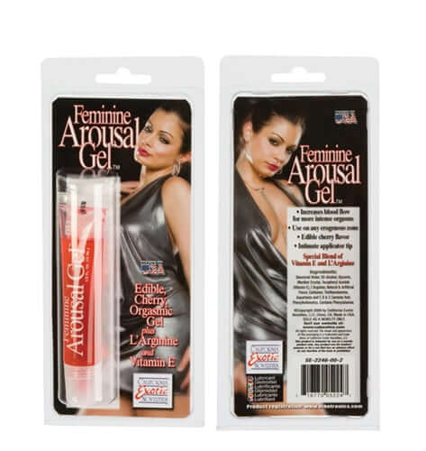 Feminine Arousal Gel Cherry 0.5 Oz in packaging, featuring cherry flavor and ingredients like L-Arginine and Vitamin E.