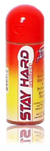 Body Action Stay Hard Lubricant 2 Oz in a vibrant red container designed for enhanced intimacy and stamina.