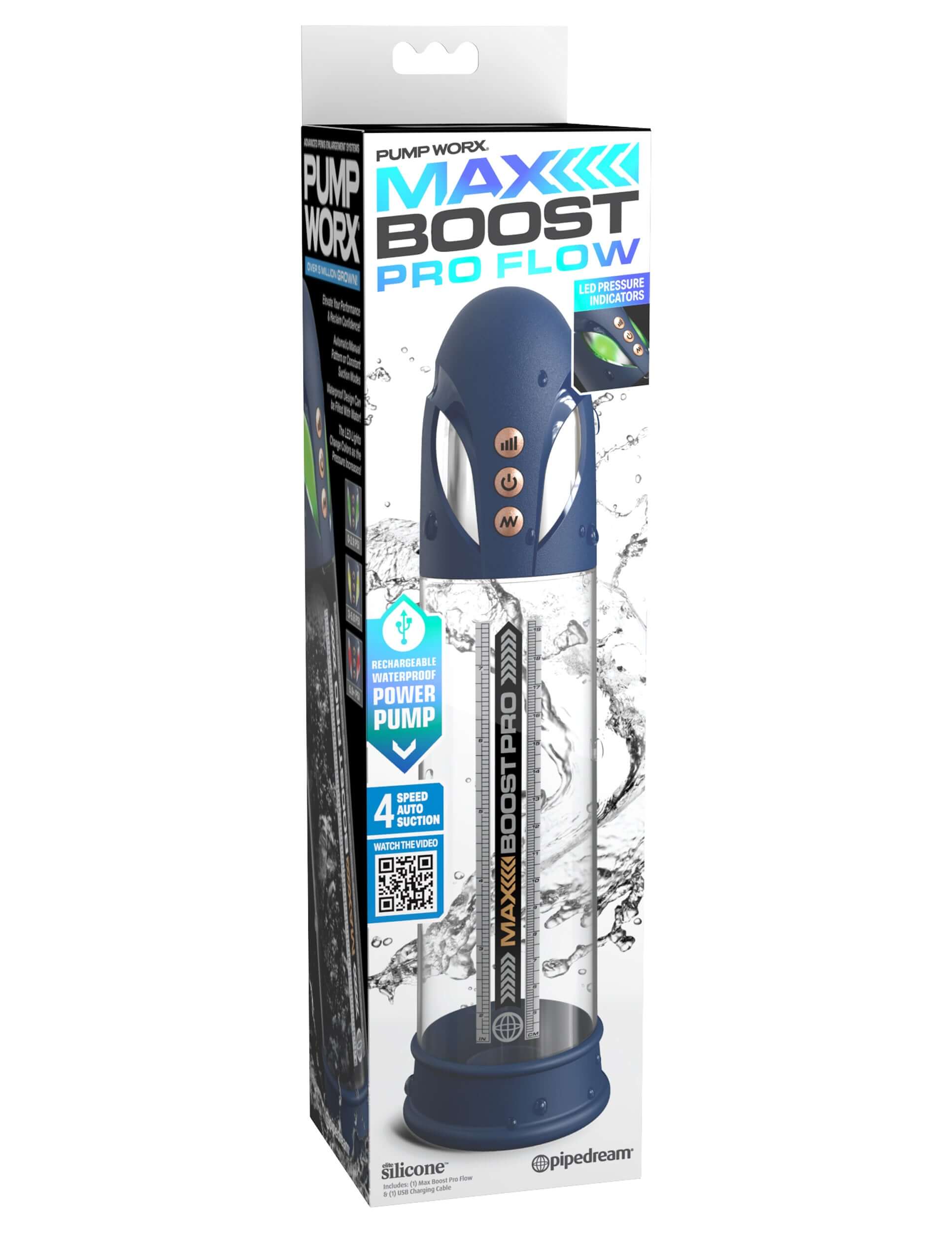 Max Boost Pro Flow Penis Pump packaging - Blue/clear, waterproof IPX6 for shower or tub use - Elevate Performance & Confidence
