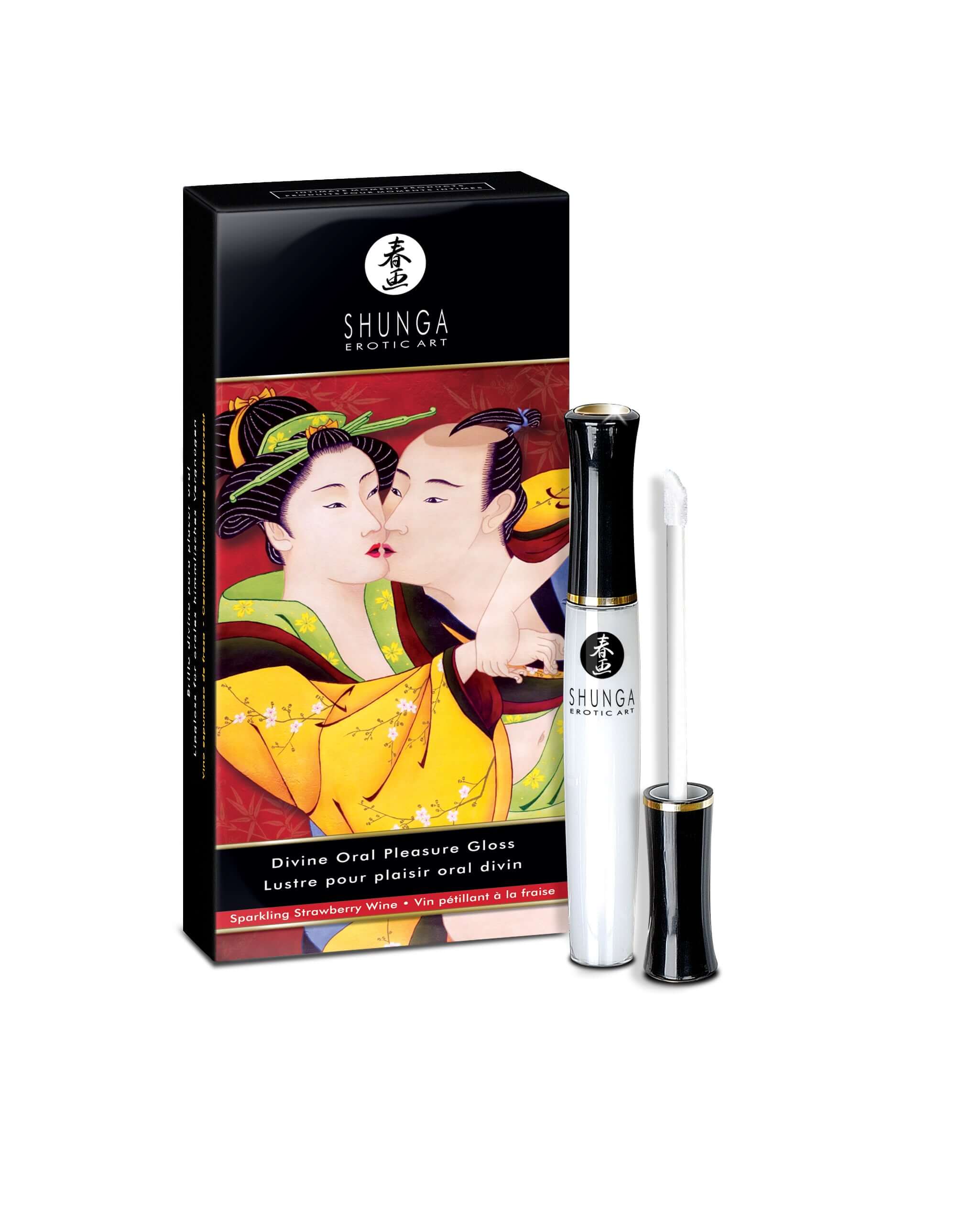 Divine Oral Pleasure Gloss in Sparkling Strawberry Wine flavor with 3-in-1 warming, cooling, and tingling effect for enhancing intimacy.