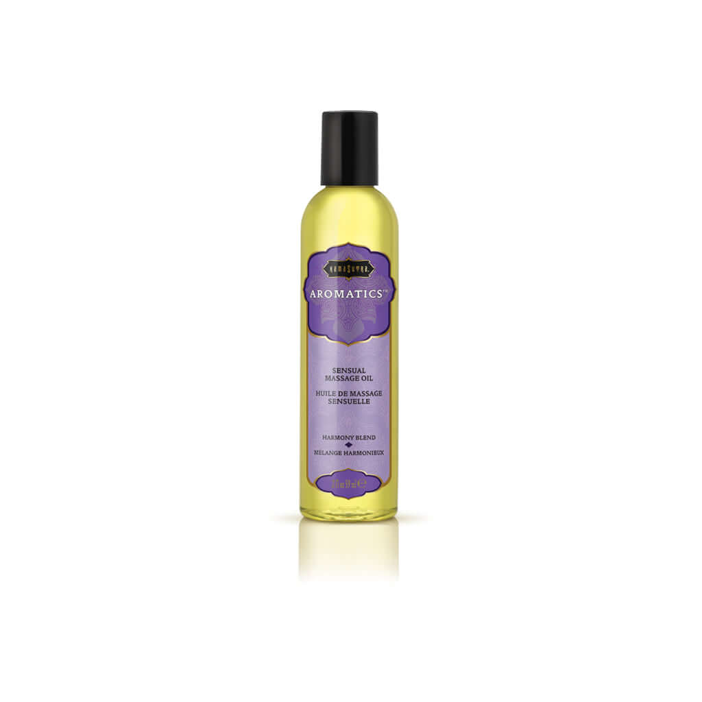 Kama Sutra Aromatics Massage Oil Harmony Blend 2 Oz in a sleek bottle for massage and relaxation.