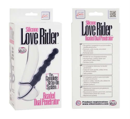 Silicone Love Rider Beaded Dual Penetrator Black product packaging showcasing versatility for pleasure and stimulation.
