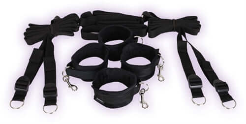 Under the Bed Restraint System with adjustable cuffs and straps for versatile binding pleasure, perfect for travel.