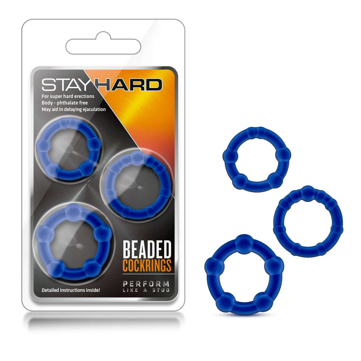 Stay Hard Beaded Cock Rings Blue Set of 3 displayed in packaging with three blue rings for enhanced performance.