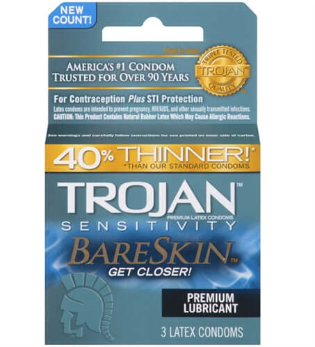 Trojan Sensitivity Bareskin Lubricated Condoms 3 Pack with premium lubricant and 40% thinner design.