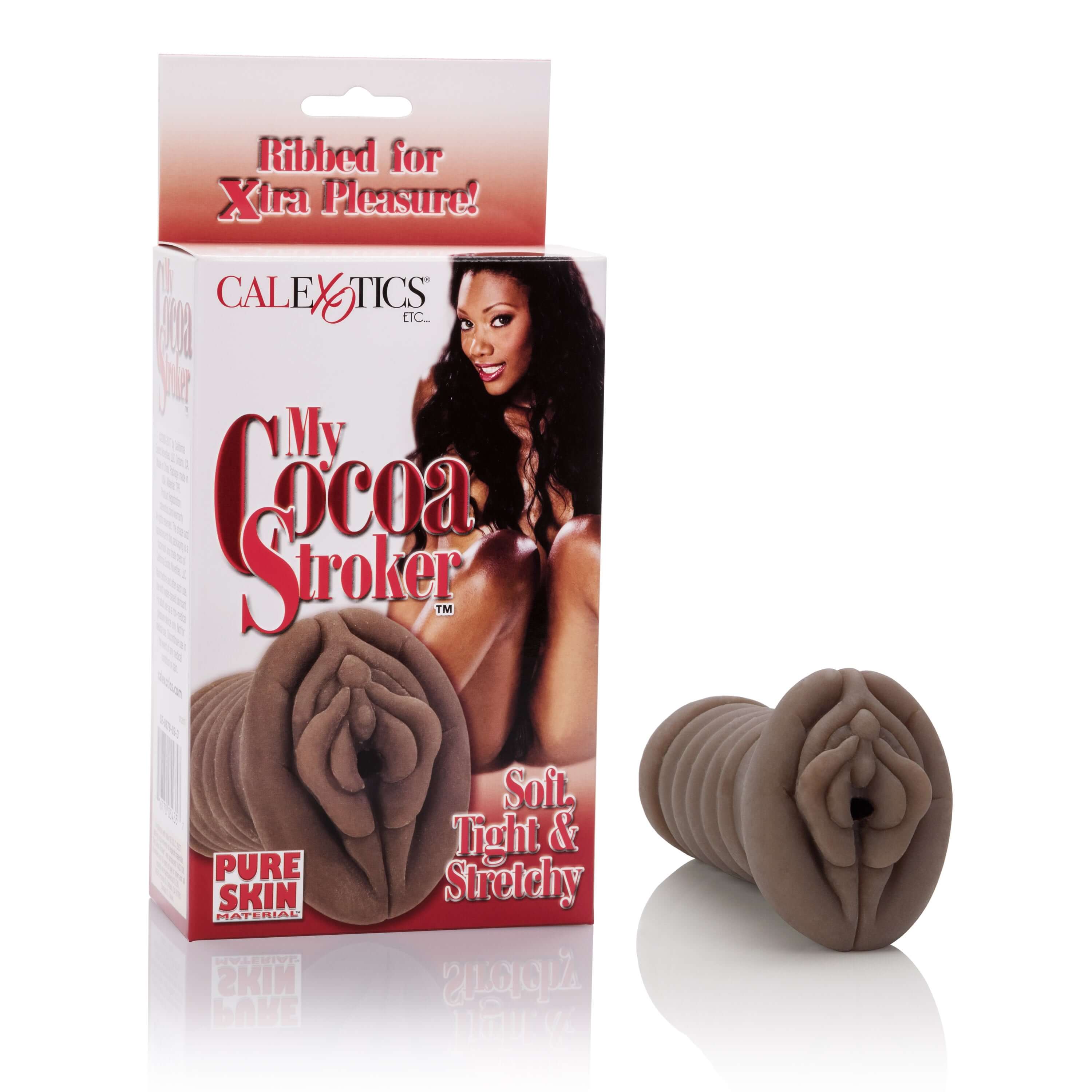 My Cocoa Stroker masturbator with ribbed pleasure chamber, soft, tight, and stretchy design for enhanced satisfaction.