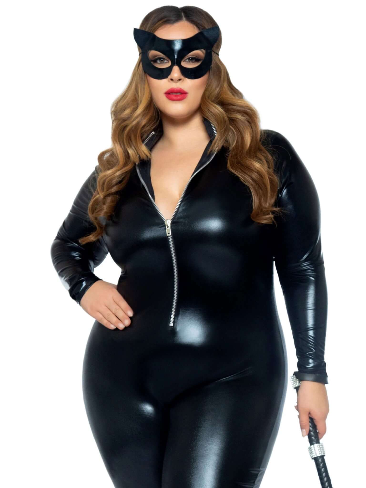 Plus size model in black faux leather catsuit with zipper front and cat mask, showcasing femme fatale style and curve-hugging fit.