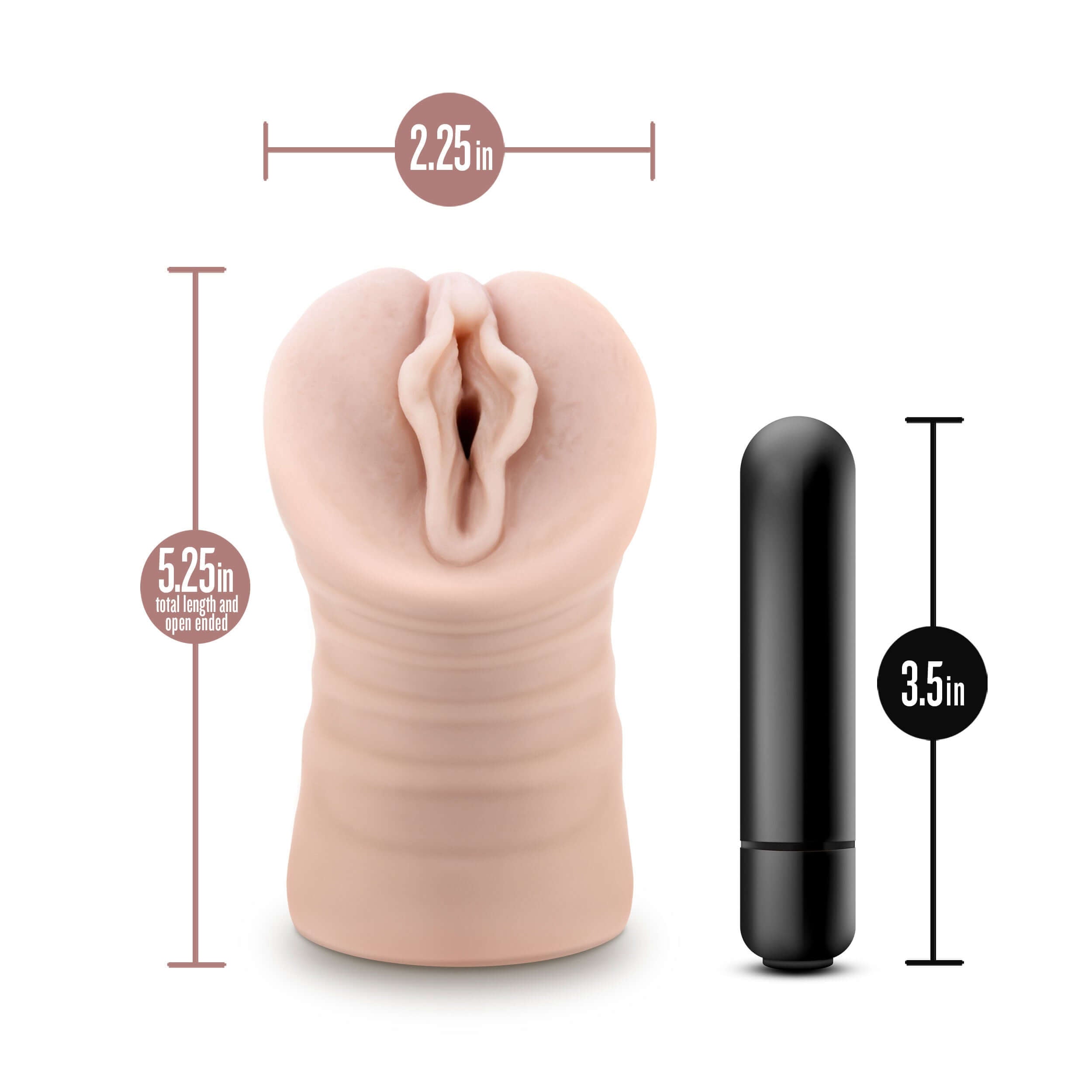 Enlust Destini vibrating stroker in beige with dimensions of 5.25 inches total length and 2.25 inches width displayed next to a bullet vibrator.