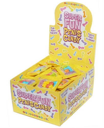 Super Fun Penis Candy 100 Piece Display 3g Bags featuring colorful, fun packaging for party treats.