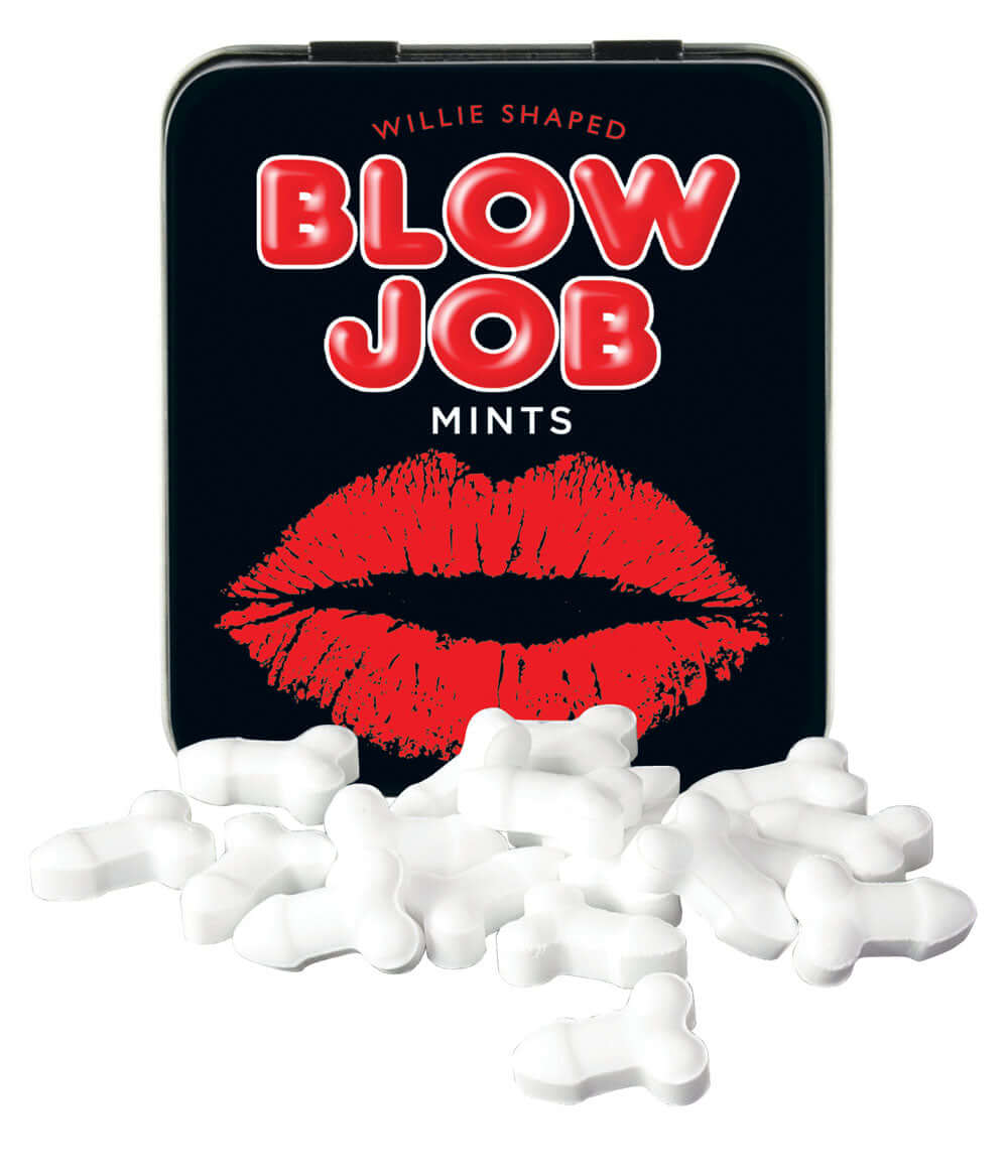 Tin of Willie Shaped Blow Job Mints 40g/1.41oz with red lips design