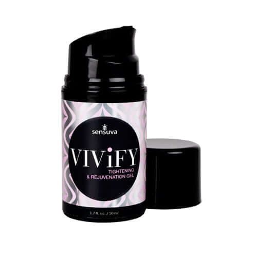 Vivify Tightening Gel 1.7 oz, rejuvenation gel in a stylish black and pink packaging for skin tightening benefits.