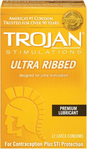 Trojan Stimulations Ultra Ribbed Condoms 12 Pack box featuring ribbed texture for enhanced pleasure and trusted protection.