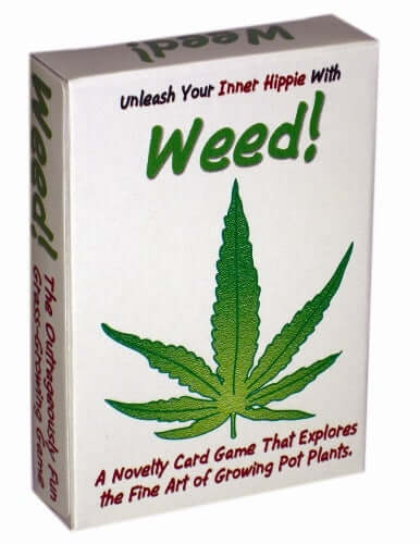 Box of Weed! strategy card game featuring a cannabis leaf, tagline "Unleash Your Inner Hippie" - grow and steal pot plants with 2-8 players.
