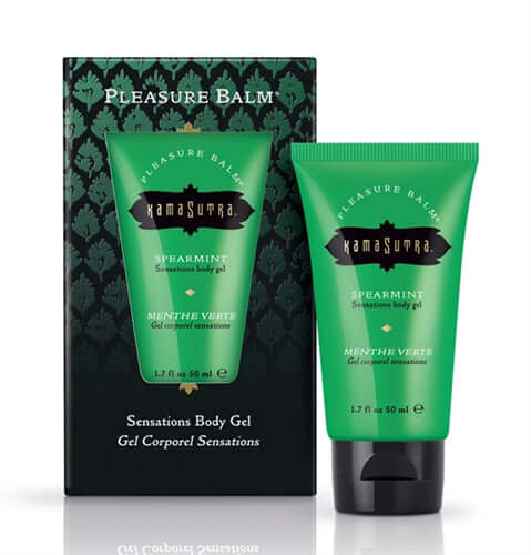 Kama Sutra Pleasure Balm Sensations Body Gel Spearmint 1.7 Oz in a green tube with packaging, ideal for intimate sensations.