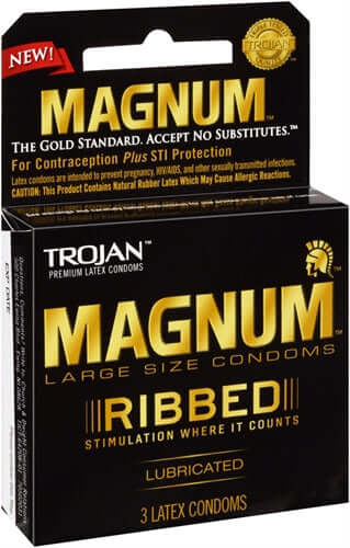 Trojan Magnum Ribbed large size condoms 3 pack, lubricated for heightened stimulation and comfort.