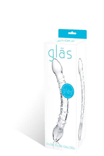 Double Trouble Glass Dildo 10 inch packaging showing its double-ended glass design and ribbed texture.