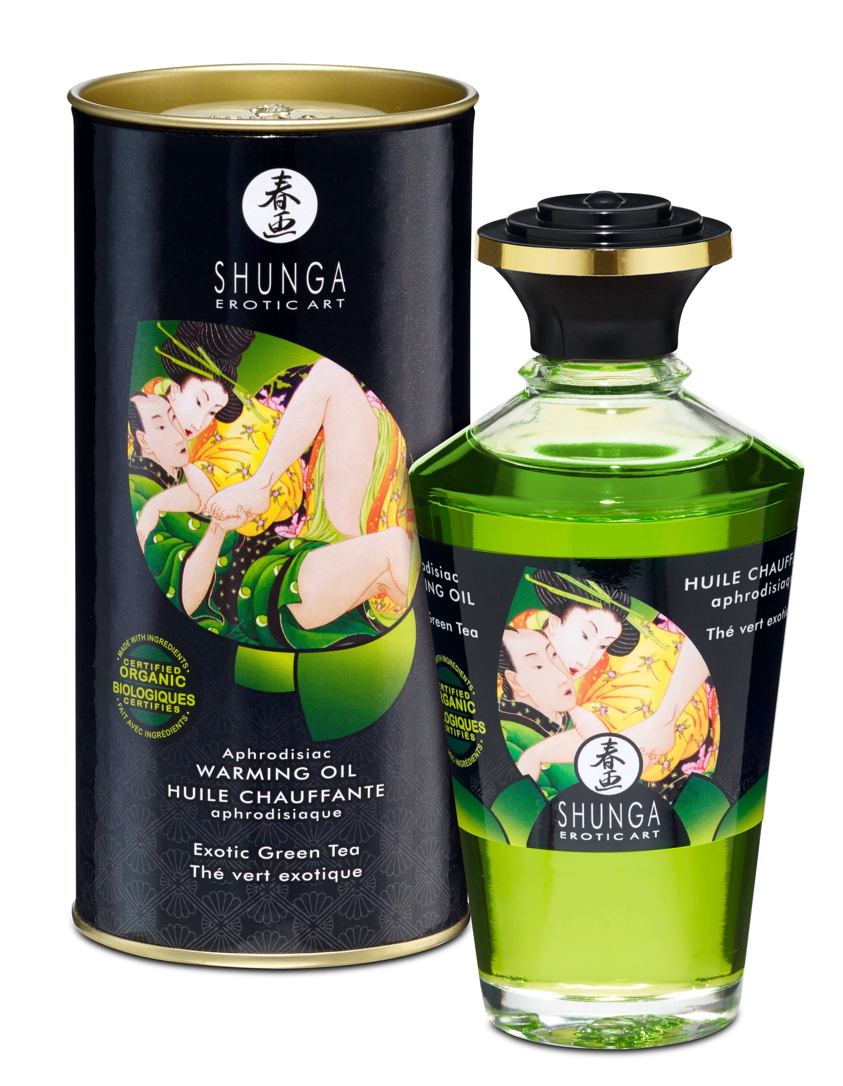 Shunga Aphrodisiac Warming Oil in Exotic Green Tea packaging, featuring a decorative bottle and canister, 3.5 Fl. Oz.