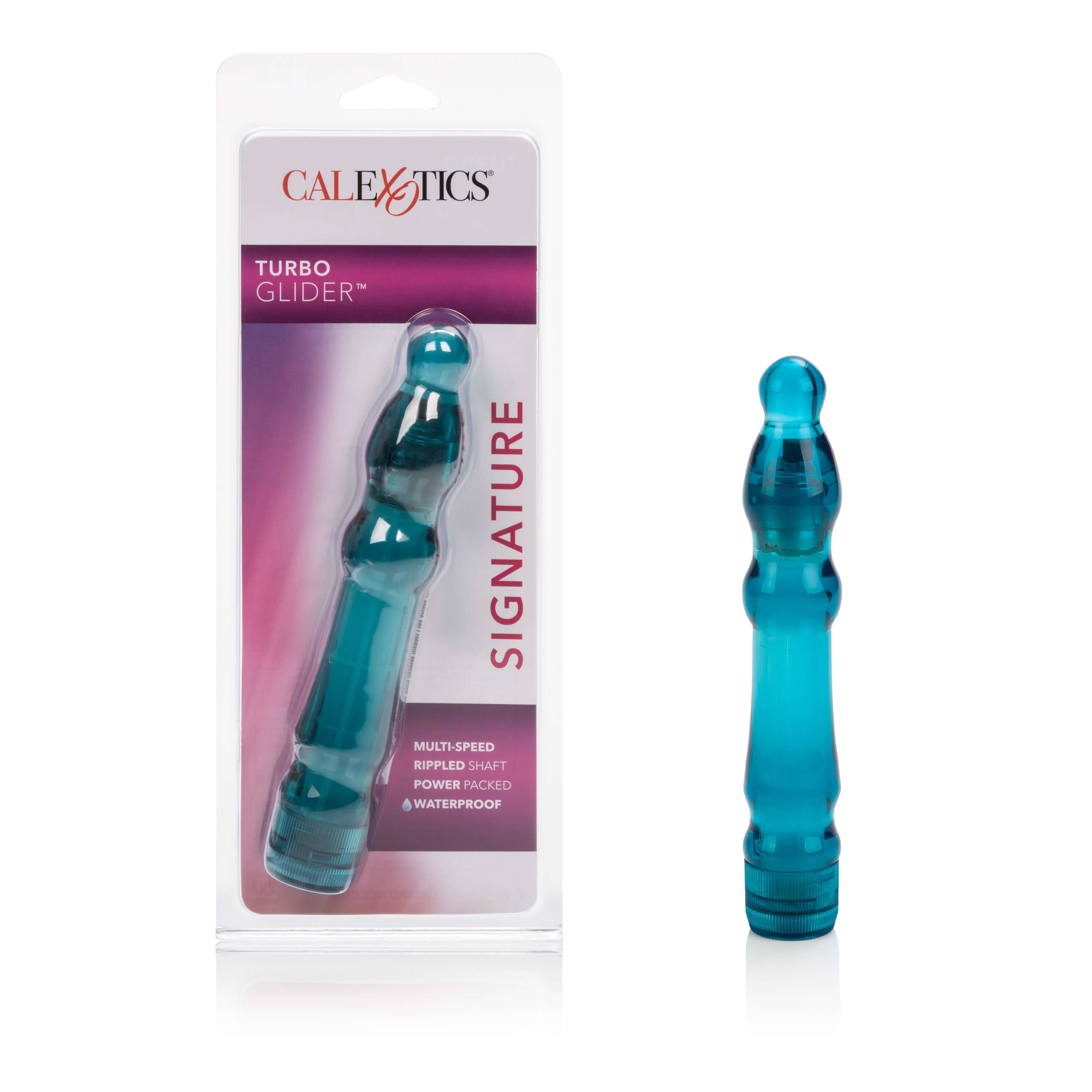 Waterproof Turbo Glider Vibrator Blueberry in packaging with a sleek design and waterproof features.