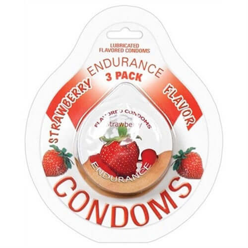 Endurance Condoms Strawberry Flavor 3 Pack - Lubricated flavored condoms in discreet carry disc for comfort and STI prevention.