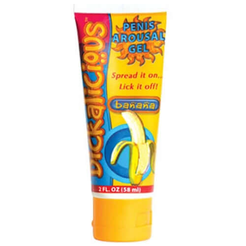 Dickalicious Penis Arousal Gel Banana 2 Oz tube with banana flavor for enhanced intimacy experience.