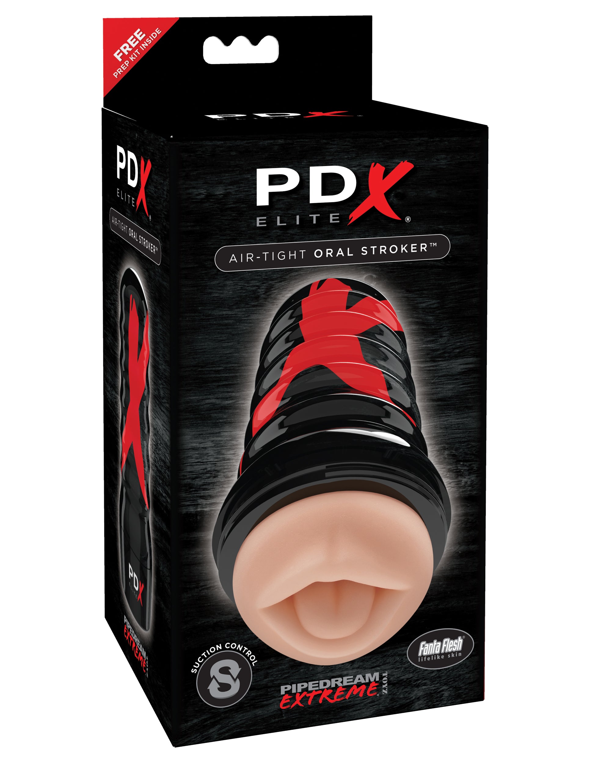 PDX Elite Air Tight Oral Stroker packaging showcasing the realistic design and ribbed exterior for enhanced grip.