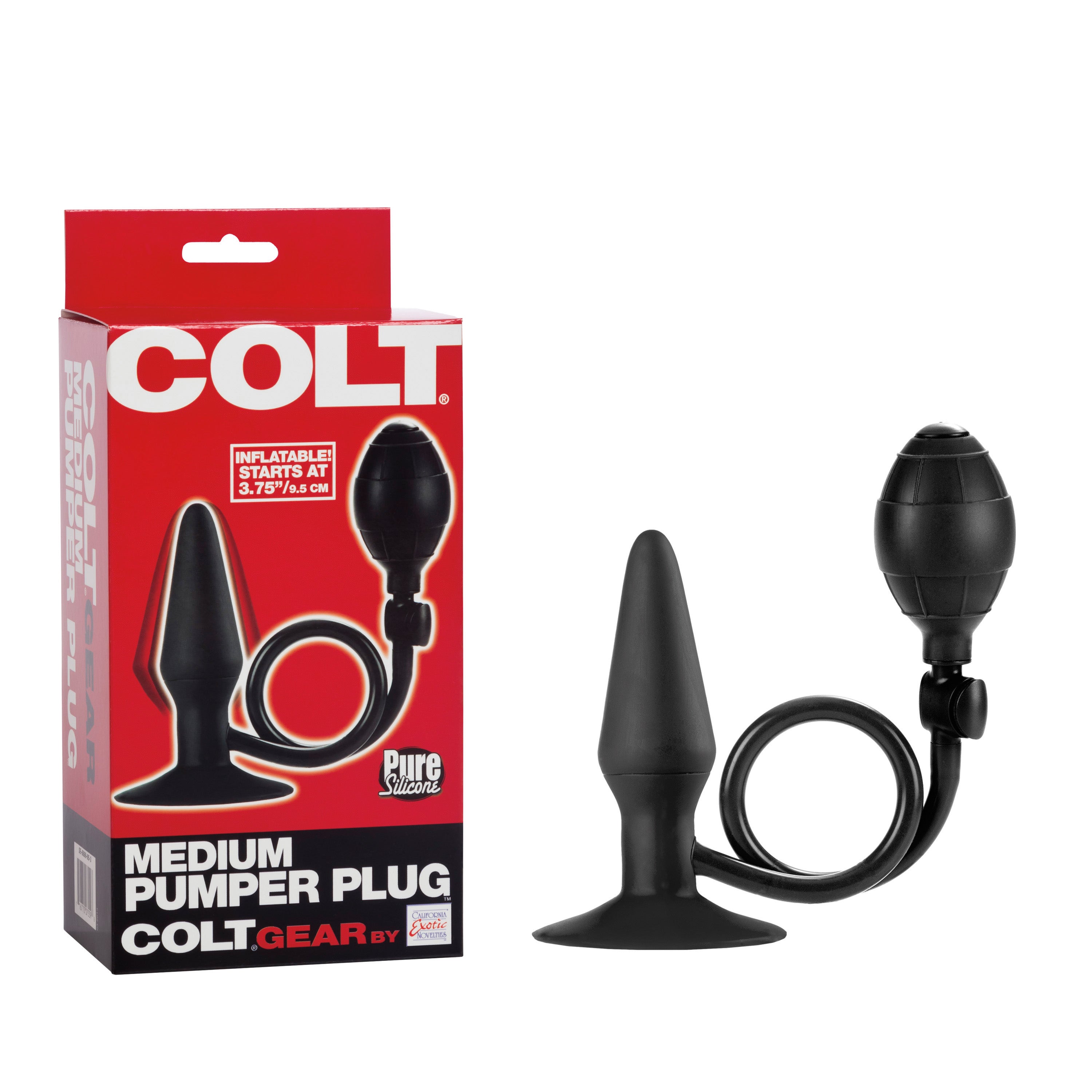 Colt Medium Pumper Inflatable Plug Black with packaging, showcasing its unique features for customizable anal stimulation.