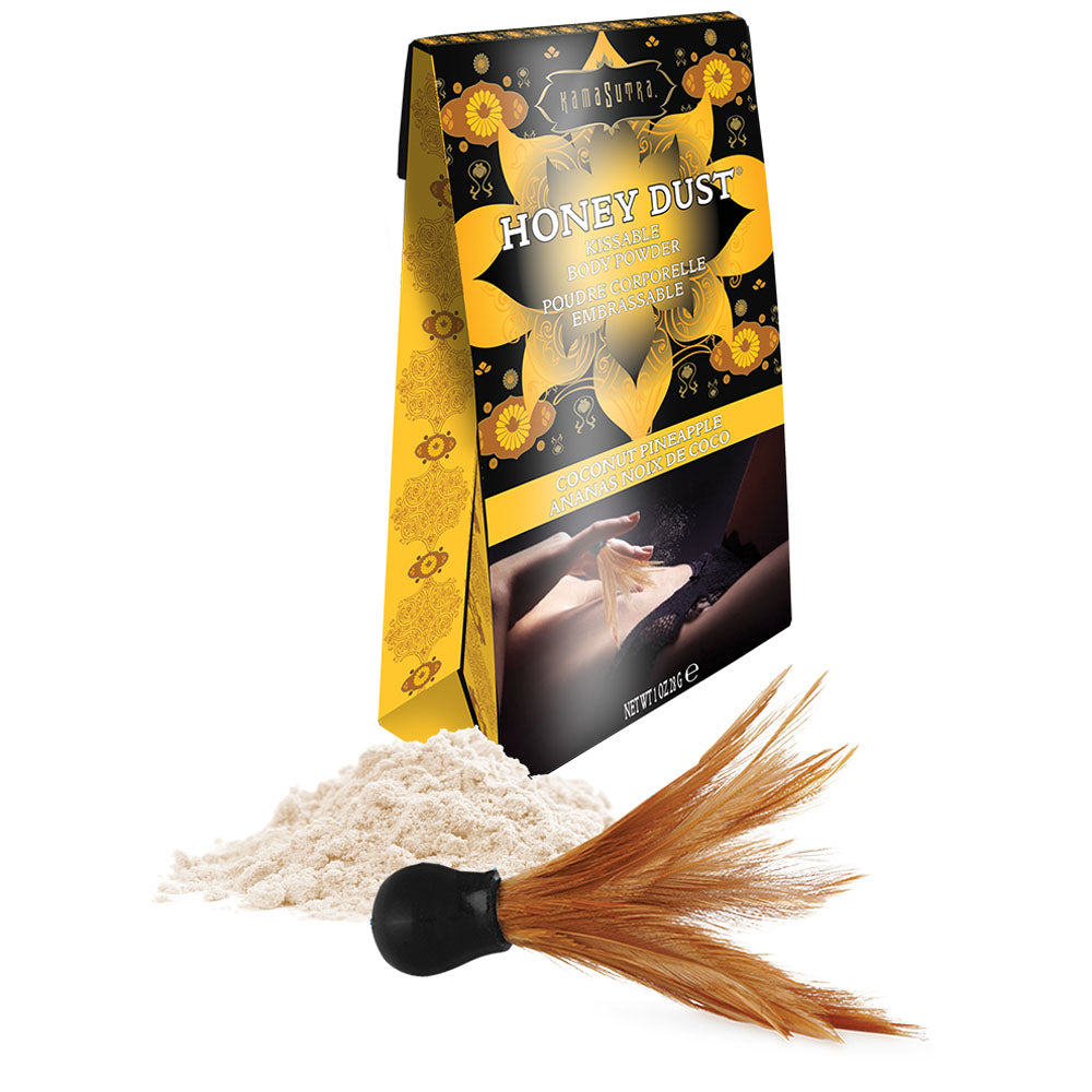 Kama Sutra Honey Dust Coconut Pineapple 1 Oz packaging with powder and feather applicator, ideal body powder for silky-soft skin.