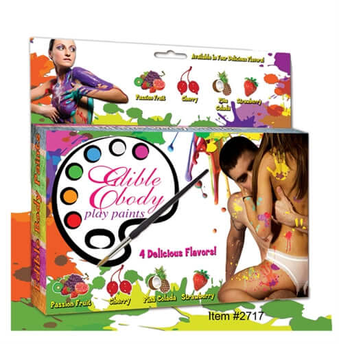 Edible Body Play Paints Kit 4 Flavors packaging featuring colorful artwork and flavors: Passion Fruit, Cherry, Piña Colada, Strawberry.