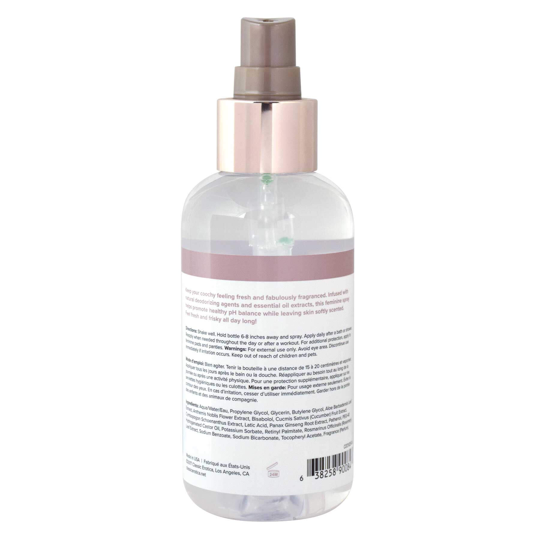 Coochy Intimate Feminine Spray 4oz bottle with natural deodorizing agents and essential oils for fresh and fragranced skin