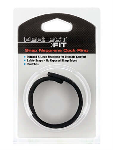 Perfect Fit Snap Neoprene Cockring Black displayed in packaging, showcasing adjustable and comfortable design.