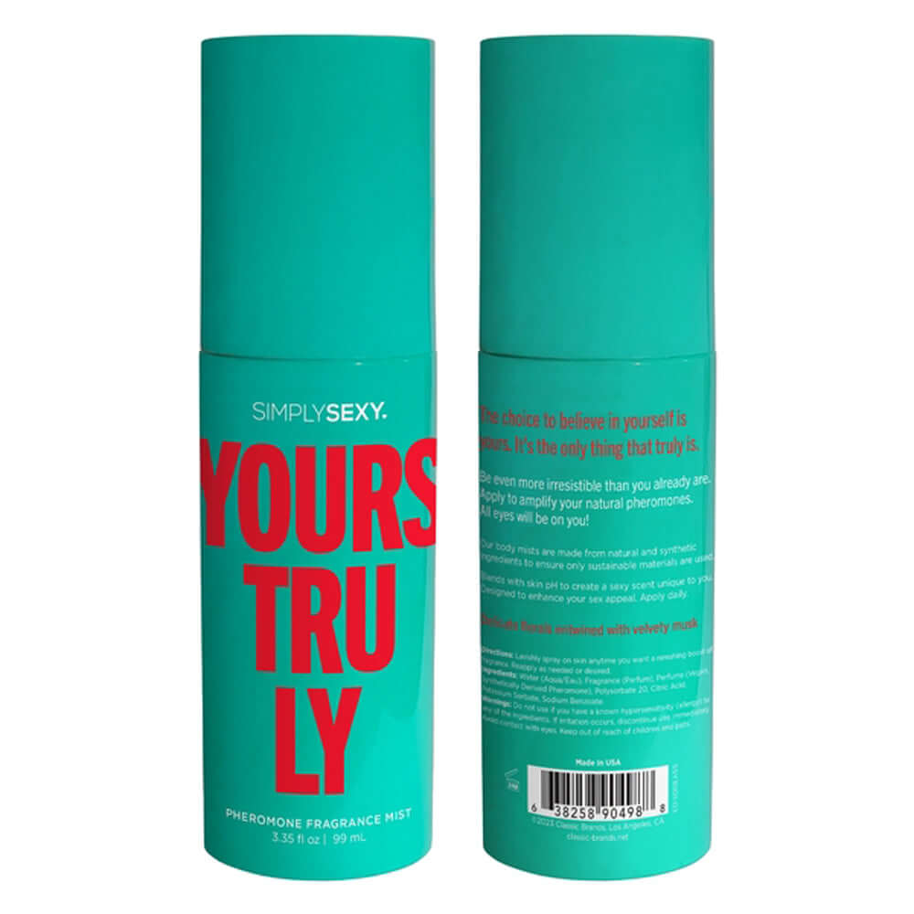"Yours Truly Pheromone Fragrance Mist 3.35 Oz bottle with empowering message and floral, musky scent blend for irresistible allure"