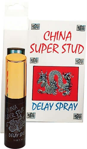 China Super Stud Delay Spray 0.43 Oz with packaging, featuring dragon design and gold cap, promoting extended performance.