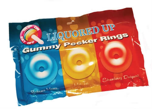 Liquored Up Gummy Pecker Rings packaging featuring flavors: Banana Mama, Mai Tai, Strawberry Daiquiri.