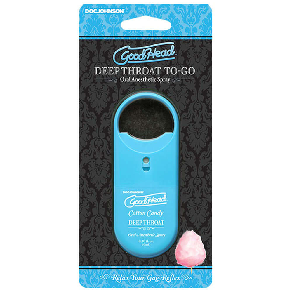 Goodhead Deep Throat Spray to-Go Cotton Candy 0.30 Oz packaging with oral anesthetic spray and cotton candy image.