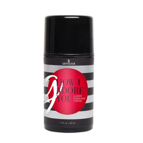 G How I Adore You G-Spot Stimulation Cream 1.7 Oz packaging in a sleek design with a black and white striped bottle.