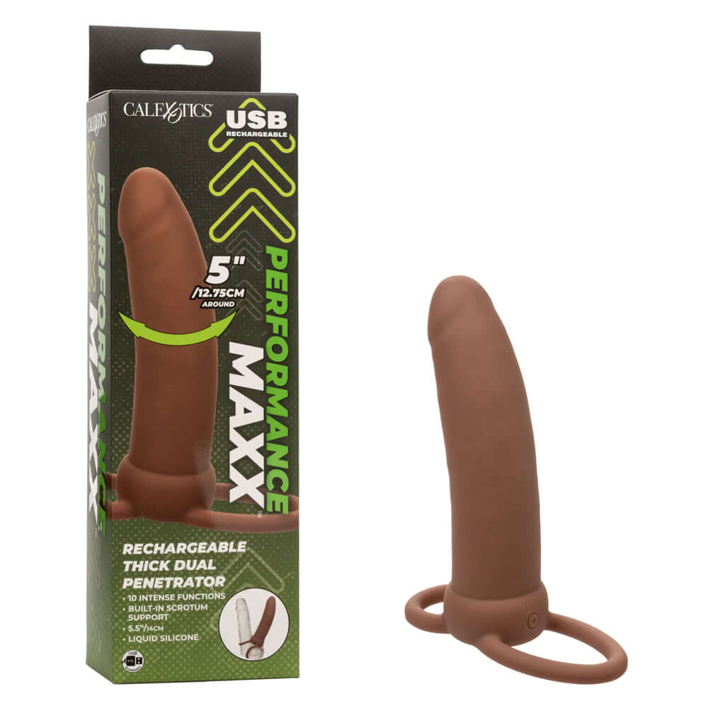 Performance Maxx Rechargeable Thick Dual Penetrator - Brown silicone adult toy with packaging.
