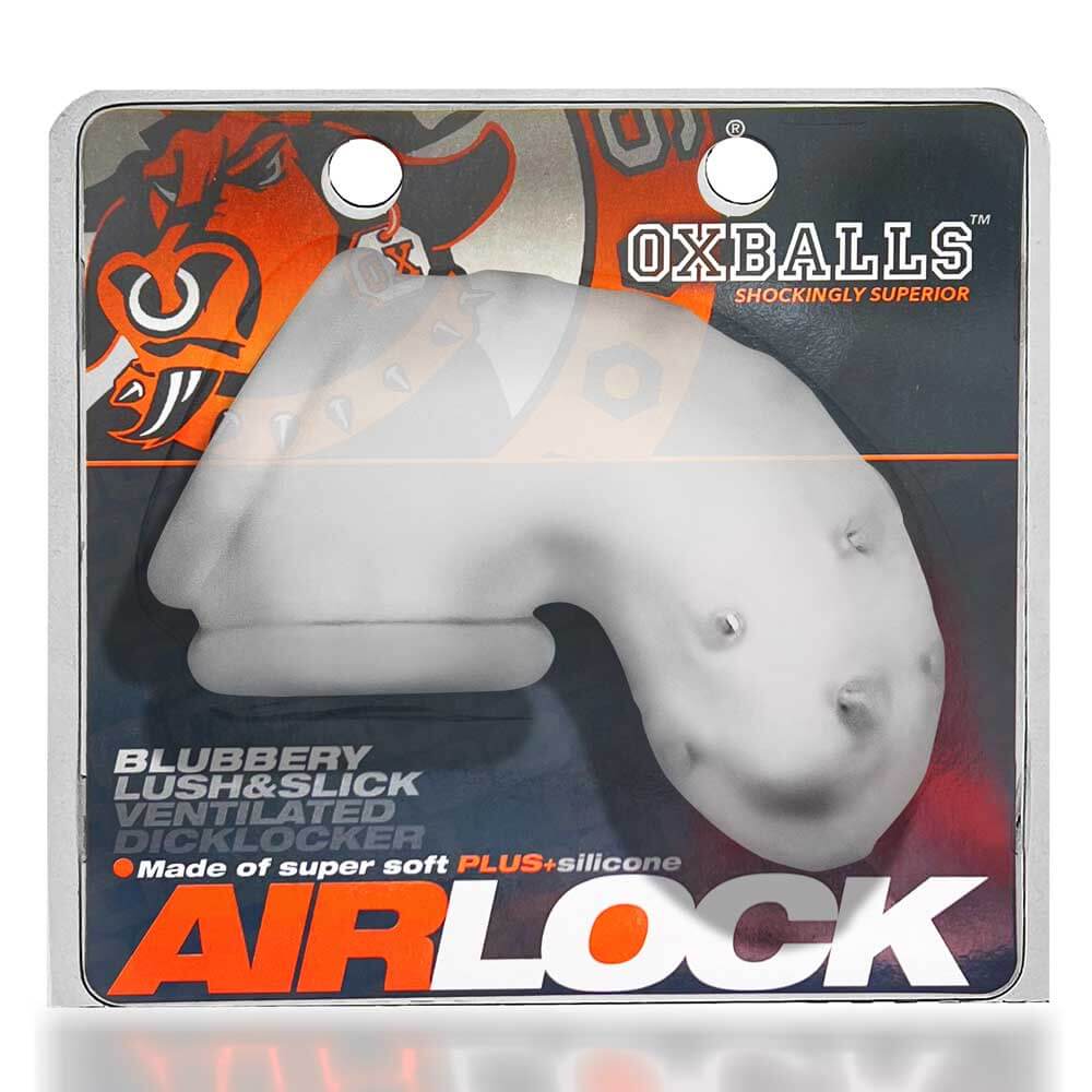 Airlock Air-Lite Vented Silicone Chastity Clear Ice packaging showcasing the lightweight and breathable design.