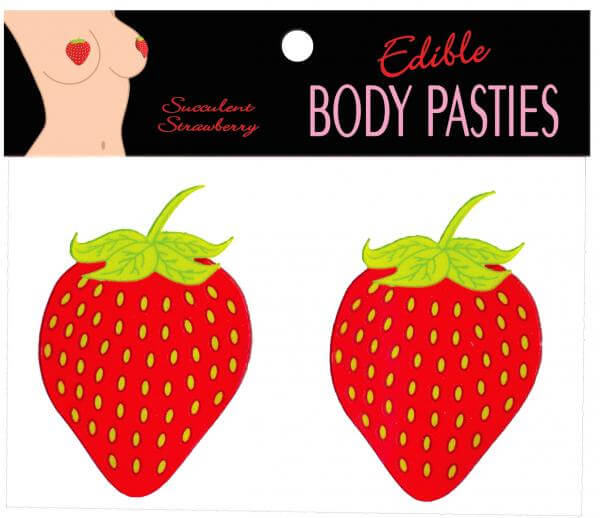 Strawberry Flavored Edible Body Pasties featuring vibrant strawberry design for playful, interactive fun.