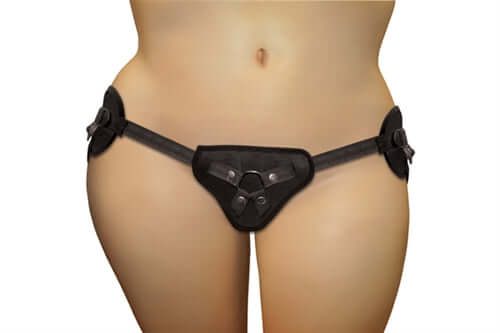 Plus size black beginners strap on with adjustable straps and O-rings, fits size 12 to 30, accommodating flared base dildos.